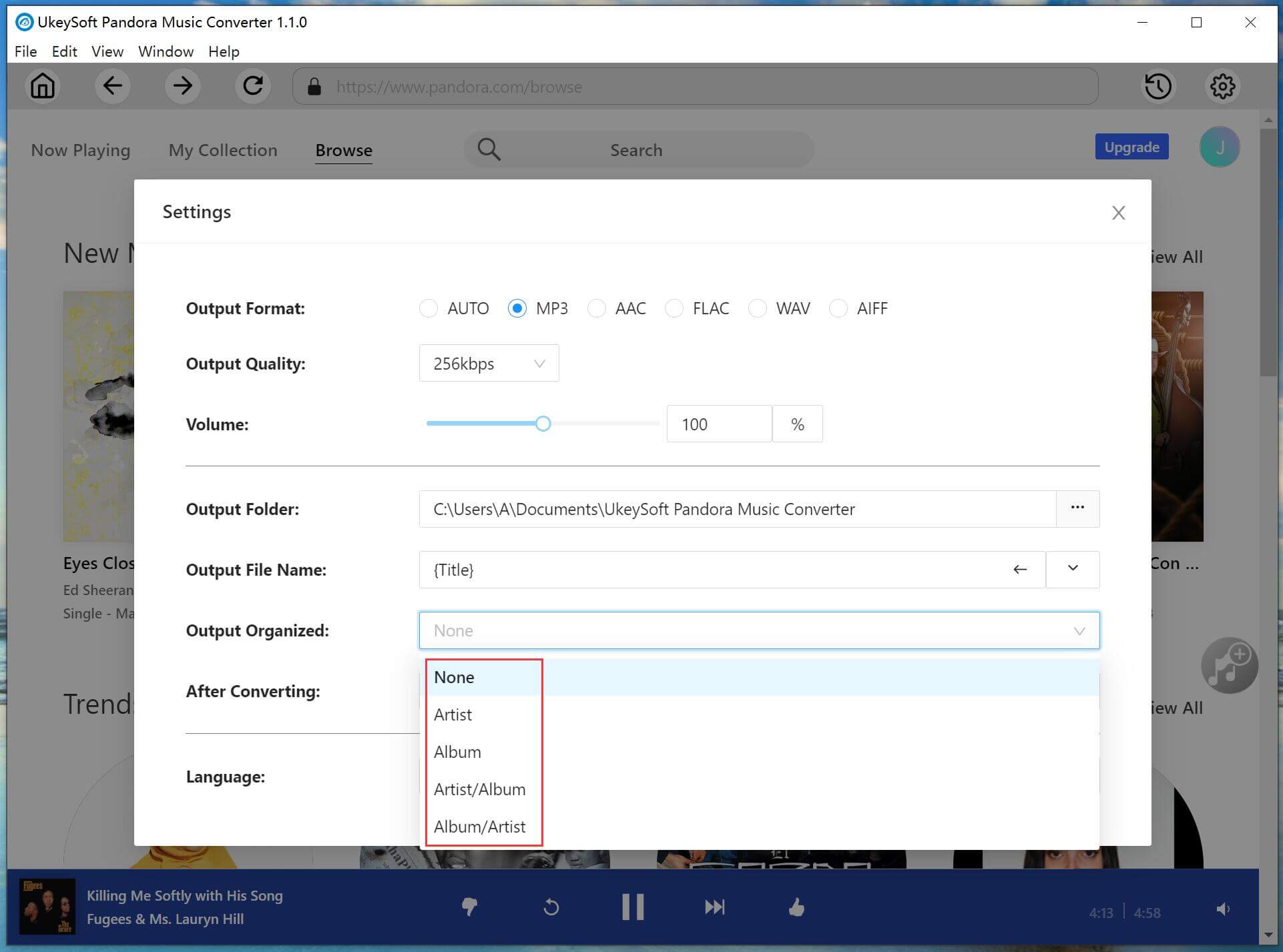 pandora music output organized