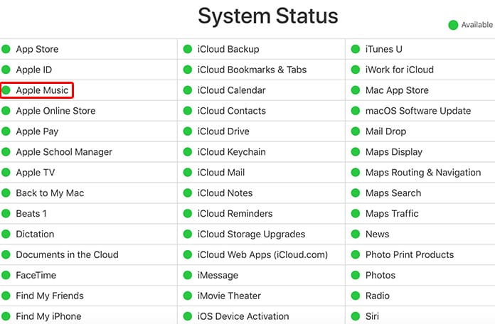 check the server status of Apple Music