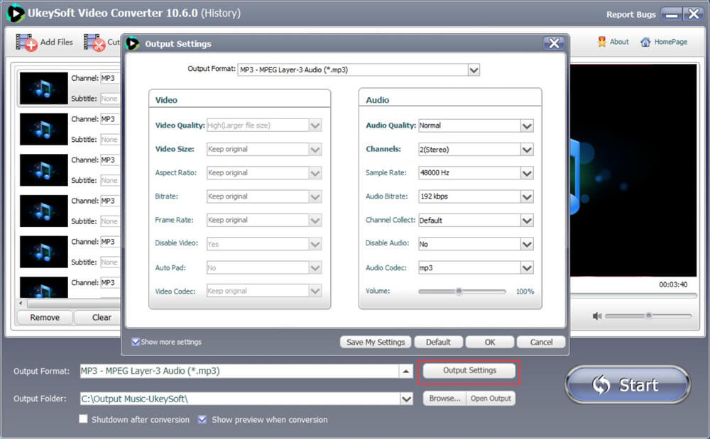 output settings